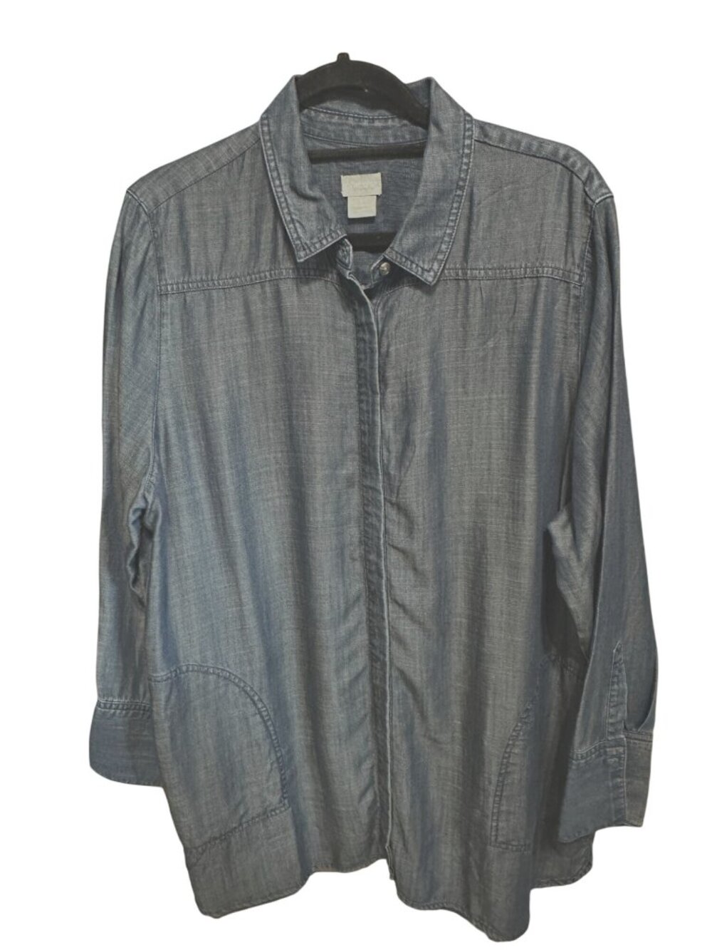 Chico’s size 3 (XL) blue button front long sleeve pockets tunic top - Picture 1 of 7